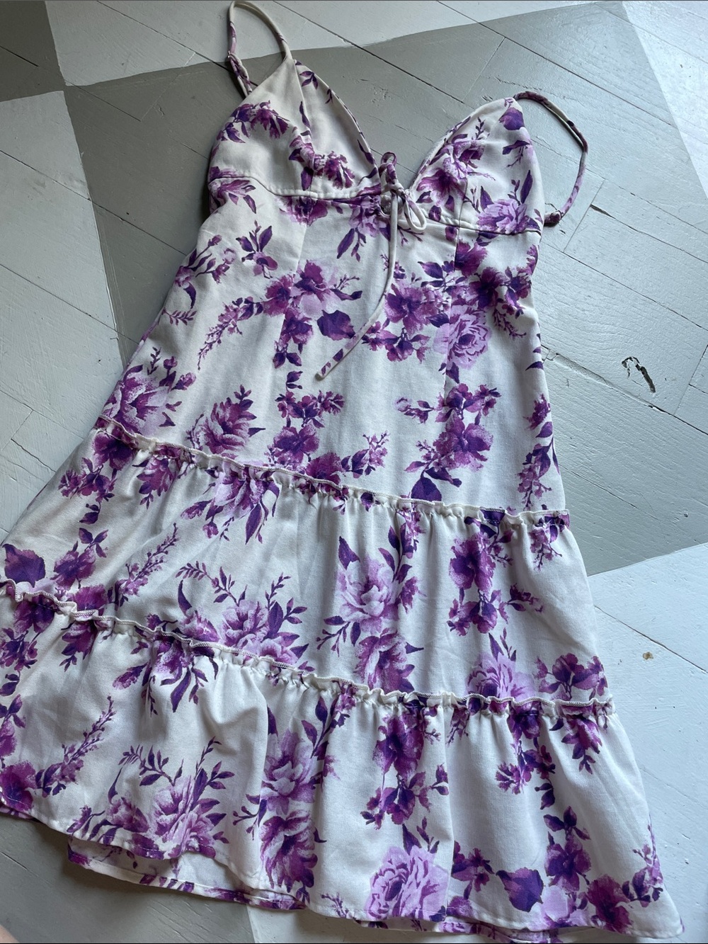White Spaghetti-Strap Dress with Purple Floral Print